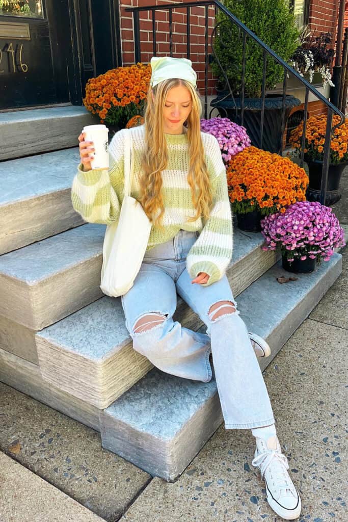 green stripe knit ripped denim jeans and sweaters for fall