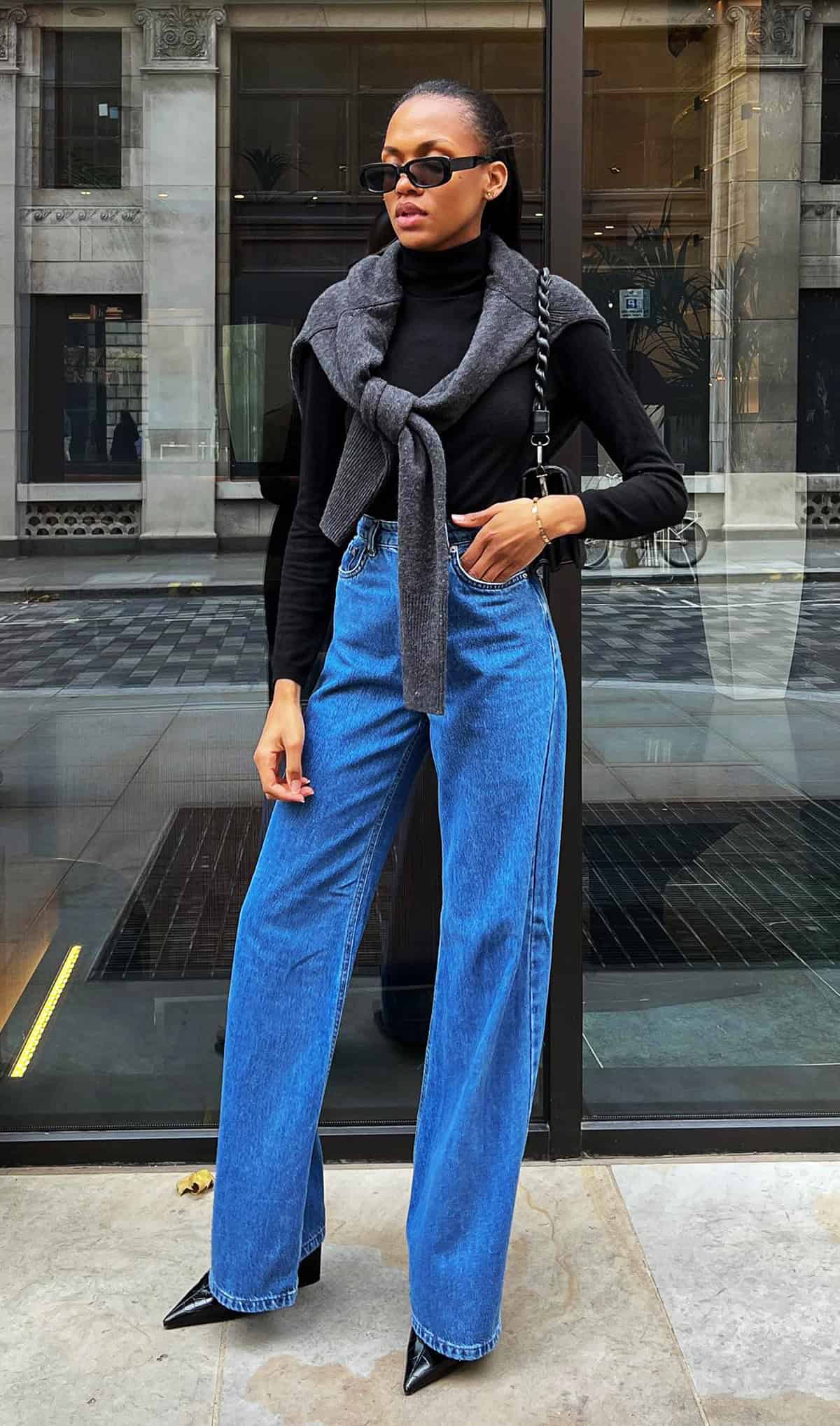 black turtleneck sweater wide-leg jeans for casual friday