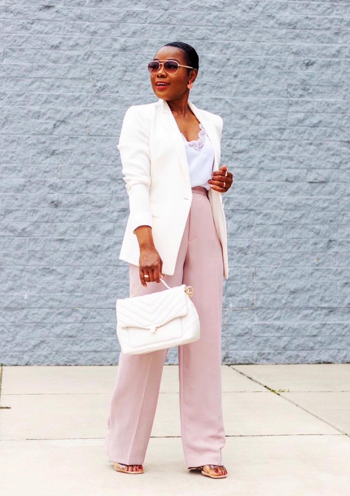 ivory blazer over wide blush pink trousers office attire for summer
