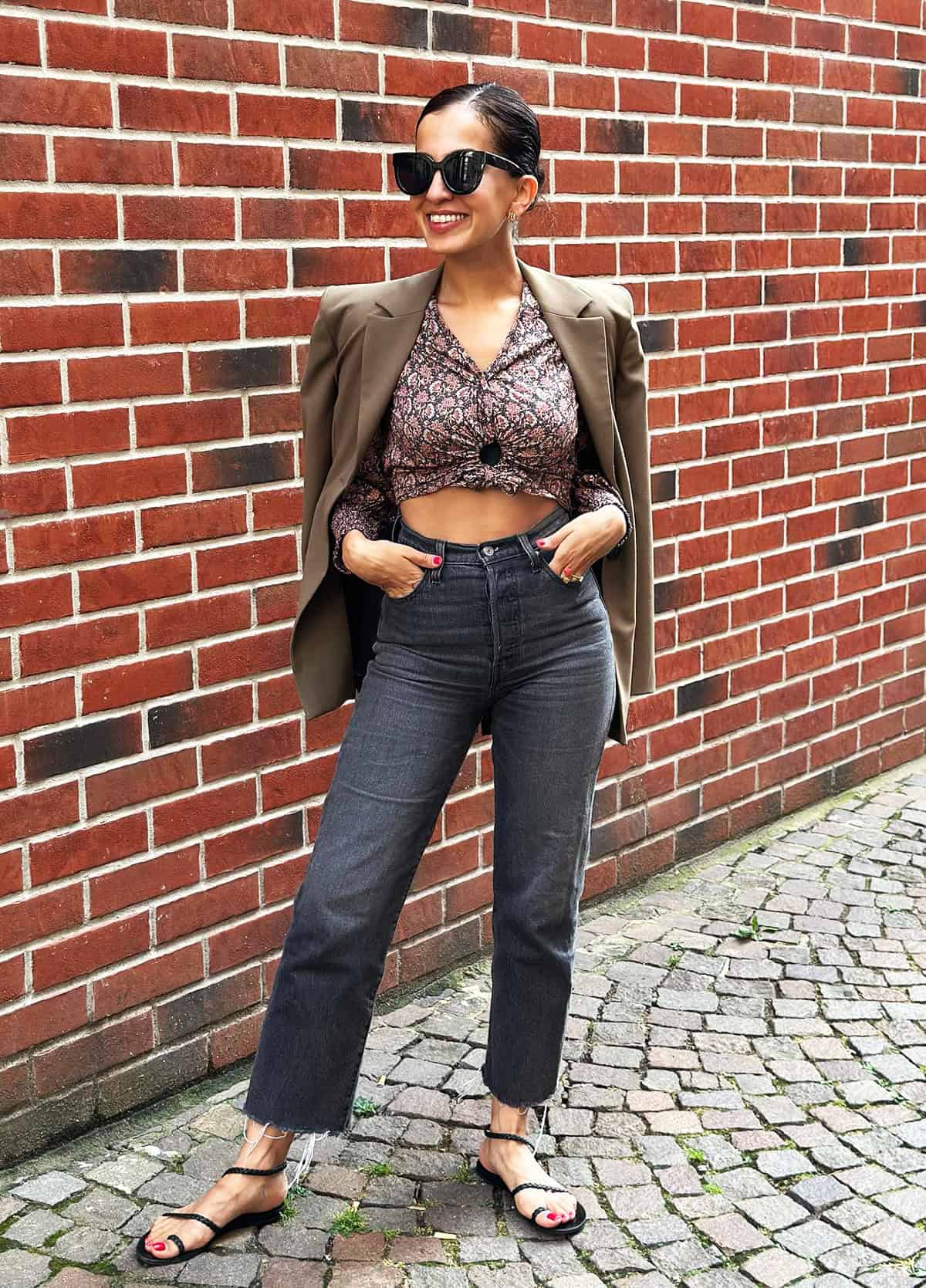 olive blazer floral crop grey jeans for casual friday