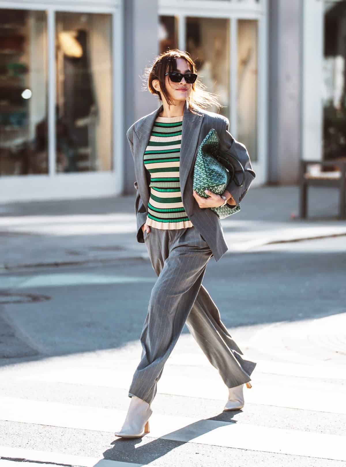 pinstripe suit striped knit outfit office attire for women