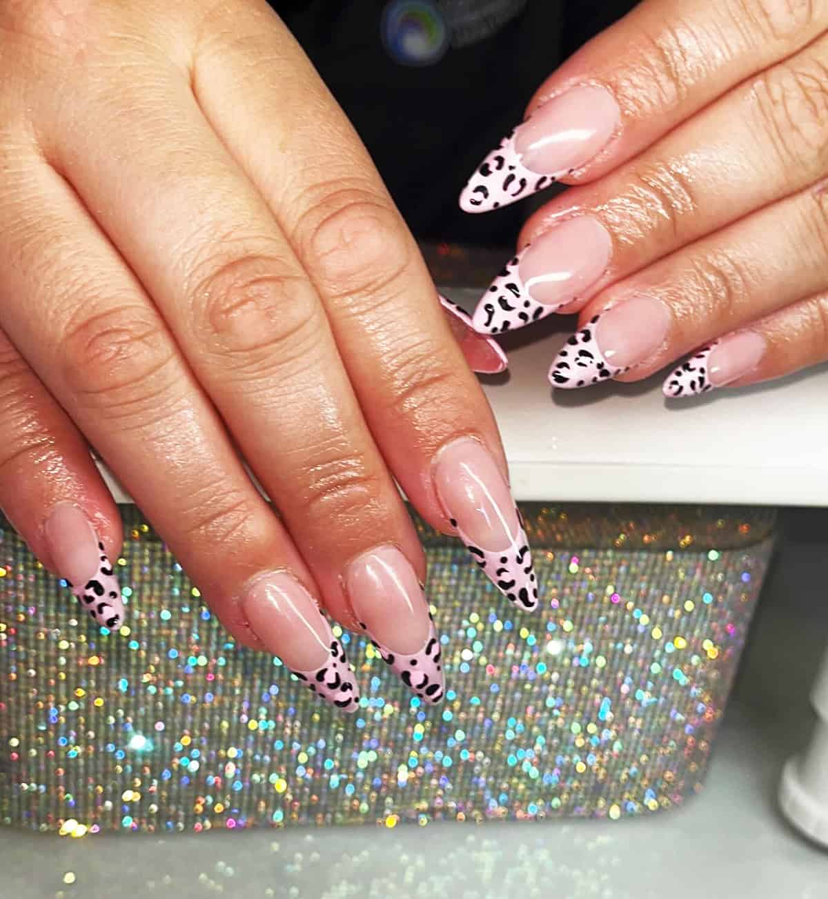 nude stiletto pink cheetah tips cheetah print nails