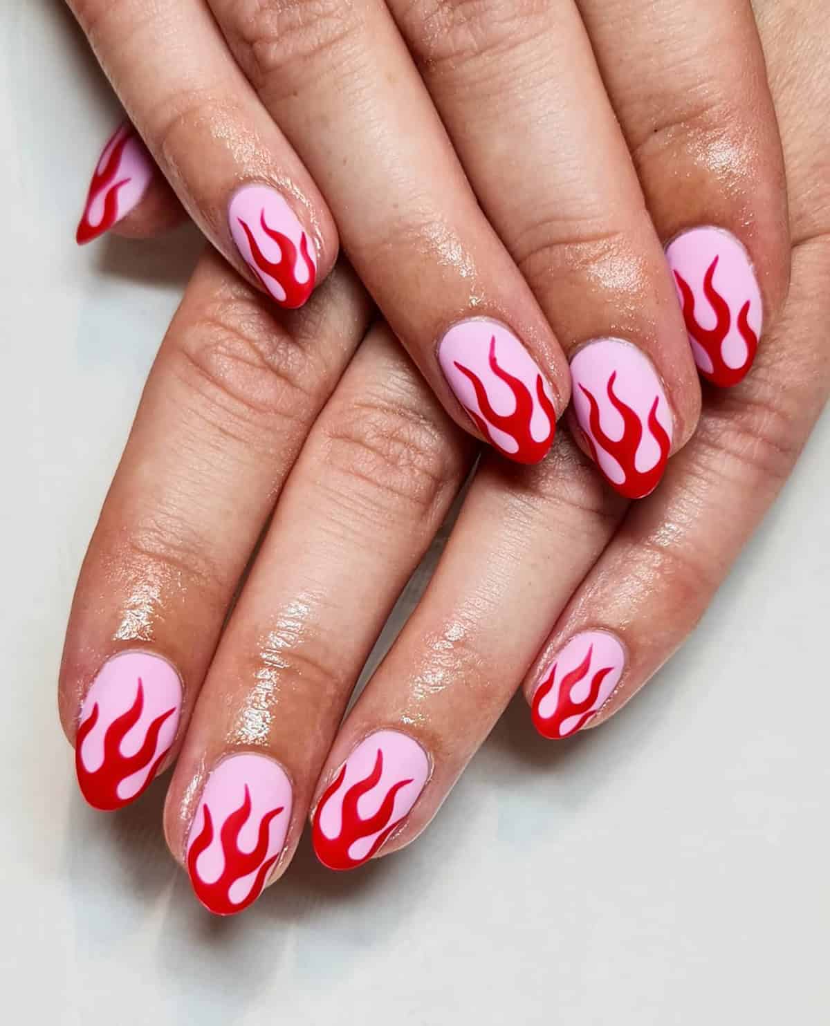 pink base red flame nails