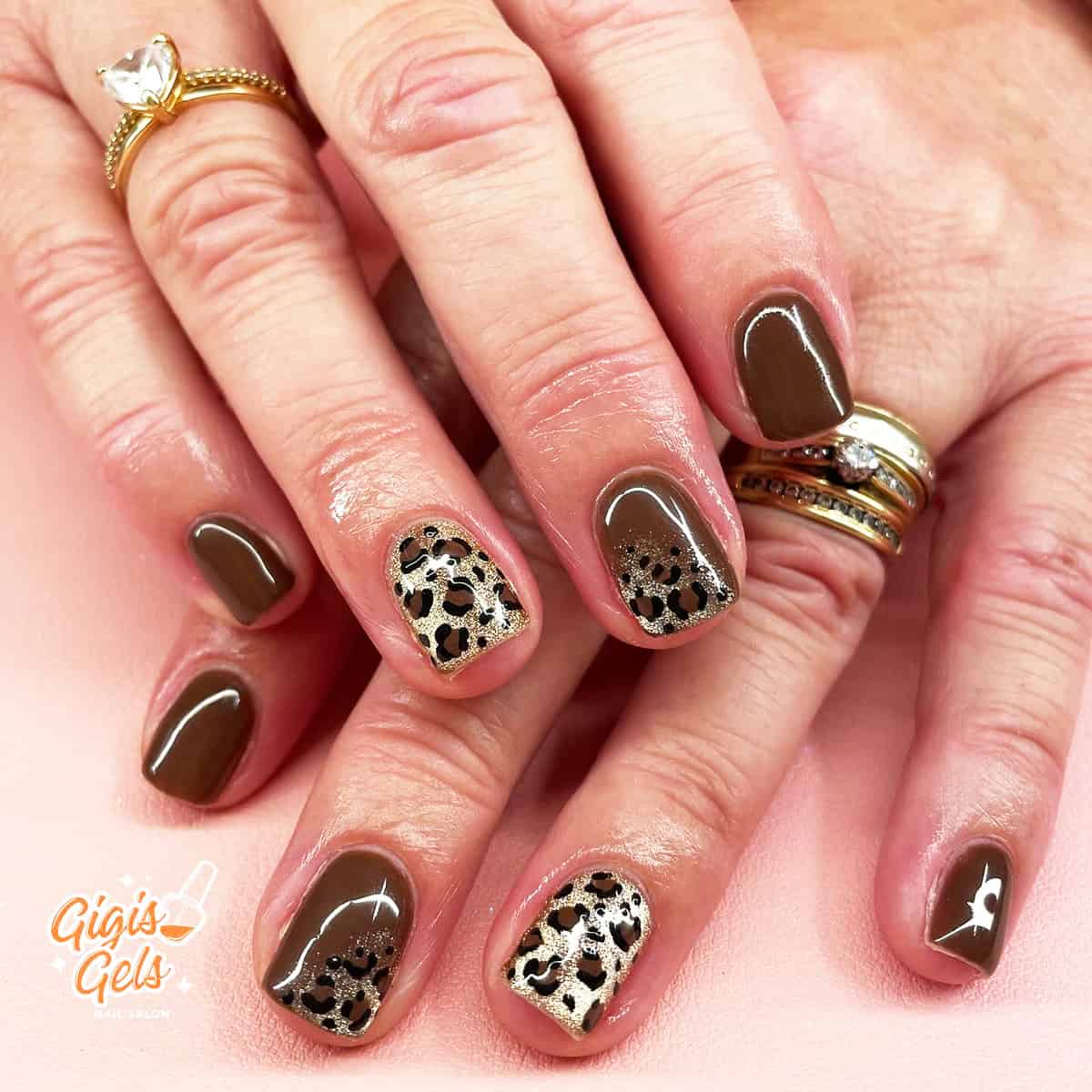 chocolate brown gold gradient short leopard print nails