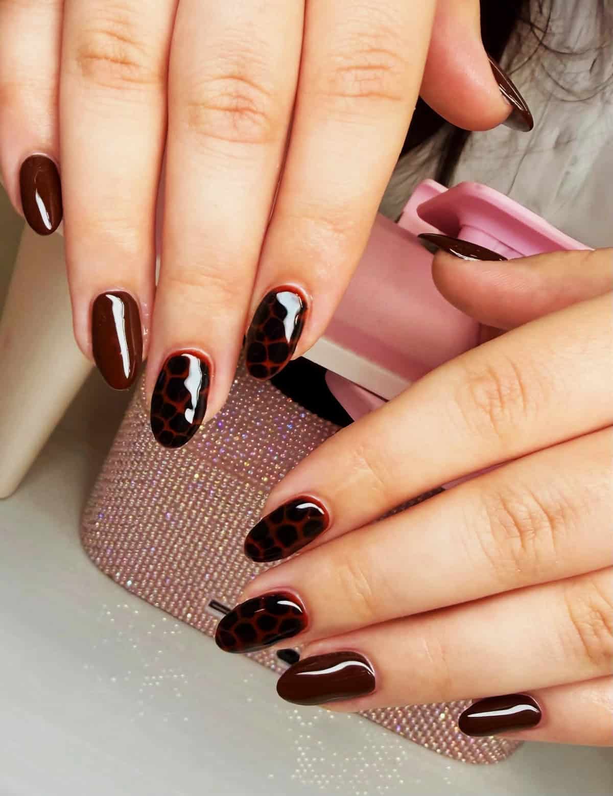 chocolate brown almond cheetah accents cheetah print nails