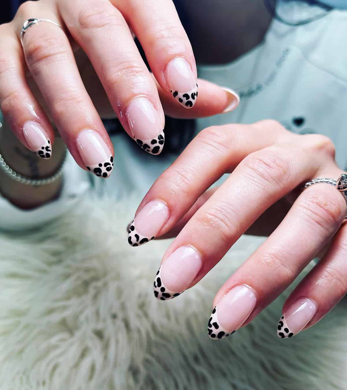 white tip black spots short leopard print nails