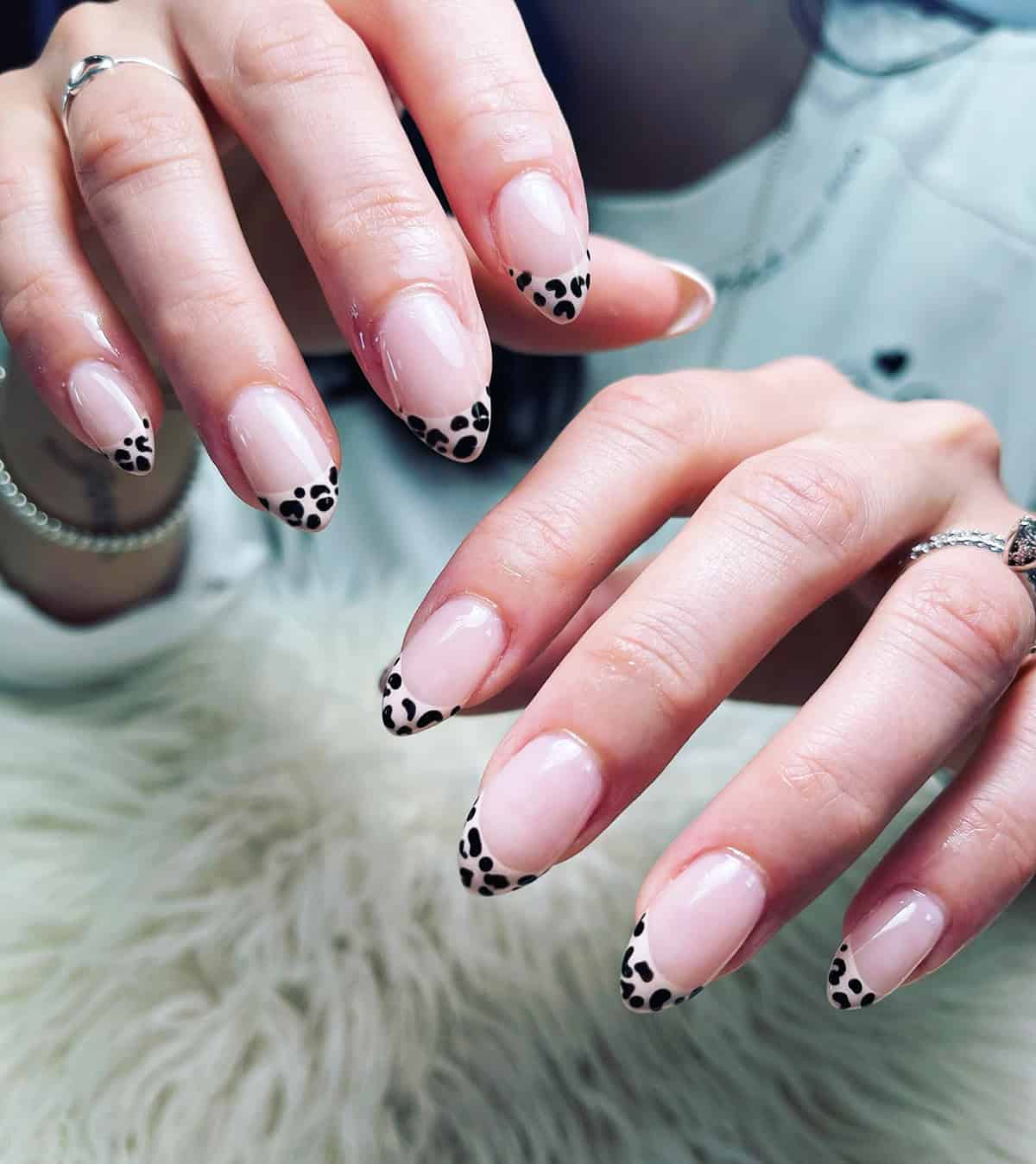 soft pink almond French black leopard print nails