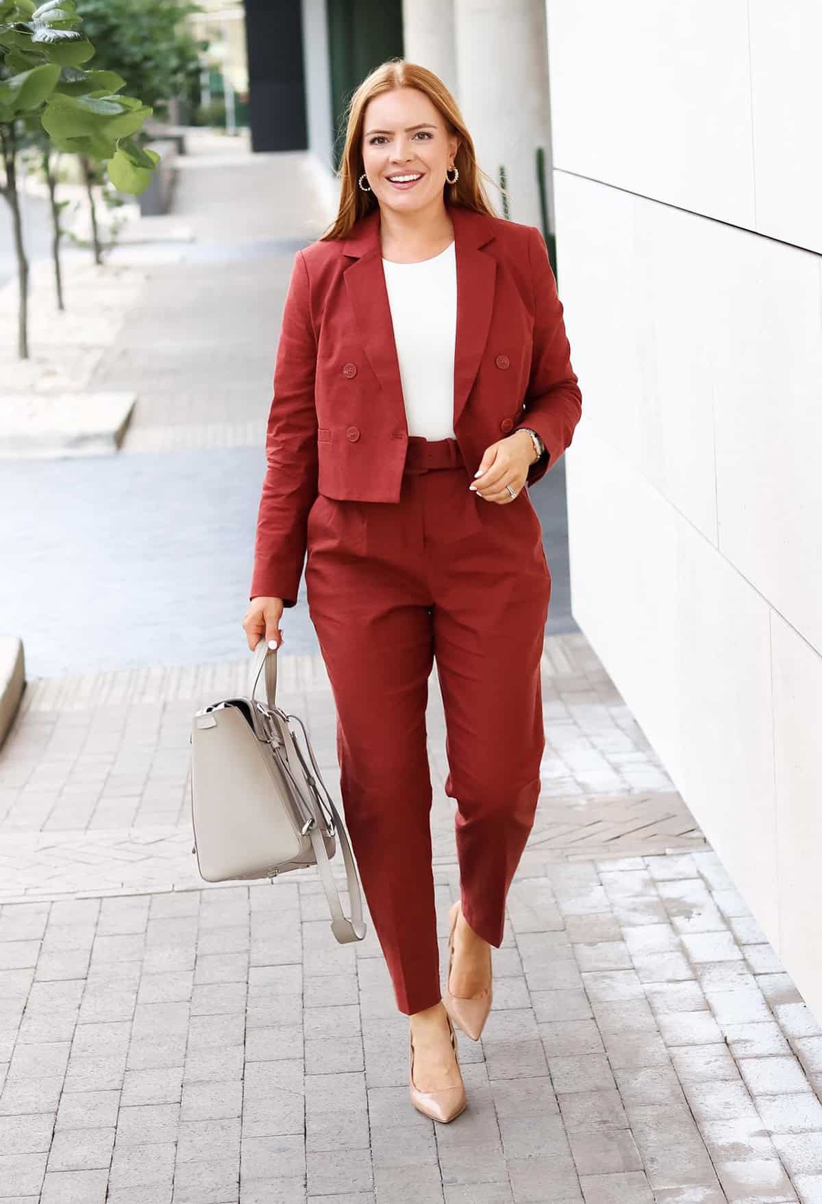 rust red cropped blazer suit office attire for corporate women