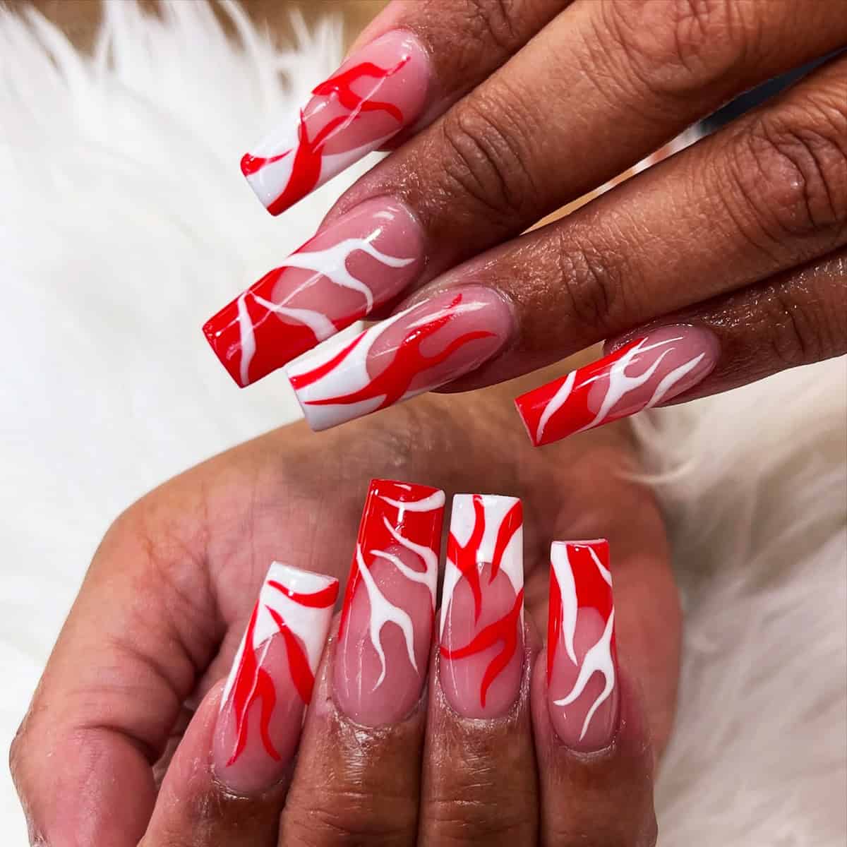 inverted red white flame nails