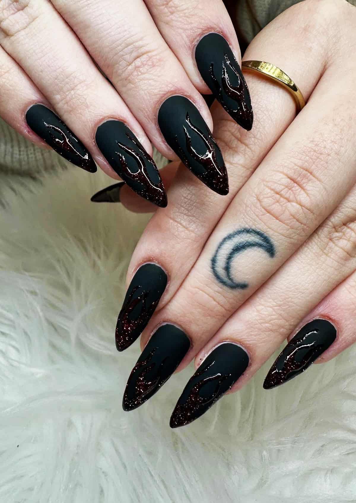 matte black glitter red flame nails
