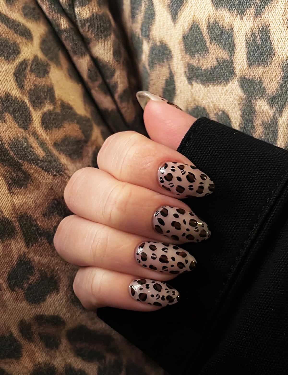 greige almond full cheetah print cheetah print nails
