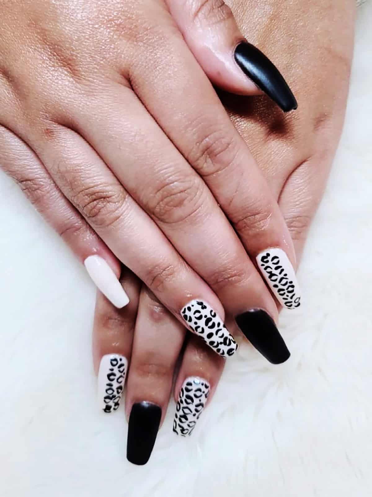 matte black white coffin black leopard print nails