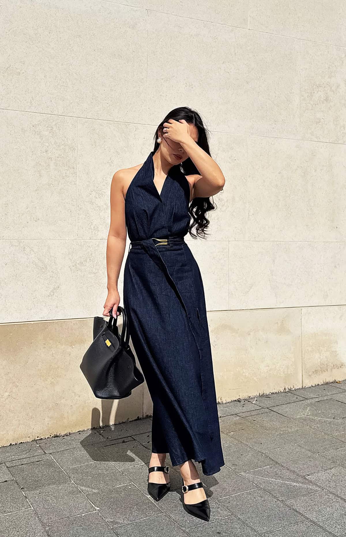 dark indigo denim halter maxi dress office attire for summer