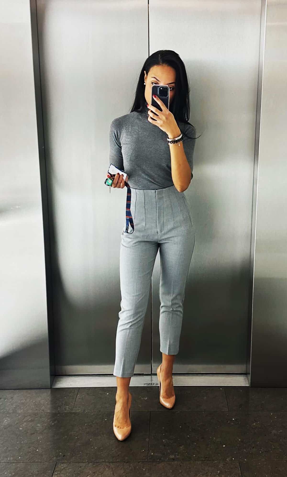 grey tonal trouser outfit office attire for corporate women