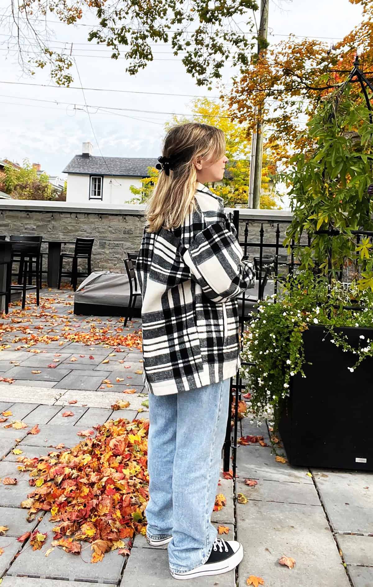 black cream plaid shacket denim jeans and sweaters for fall