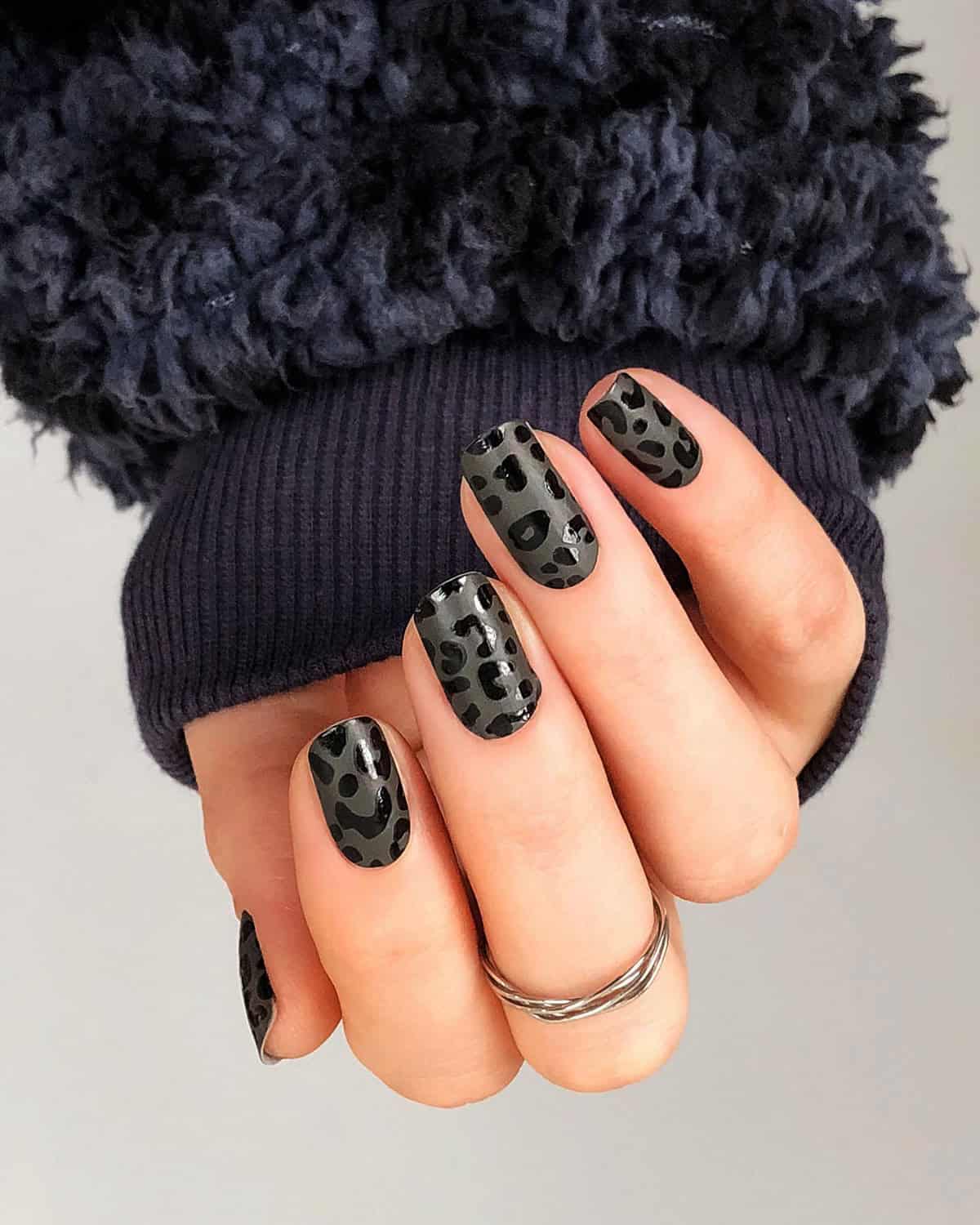 olive grey short square black leopard print nails