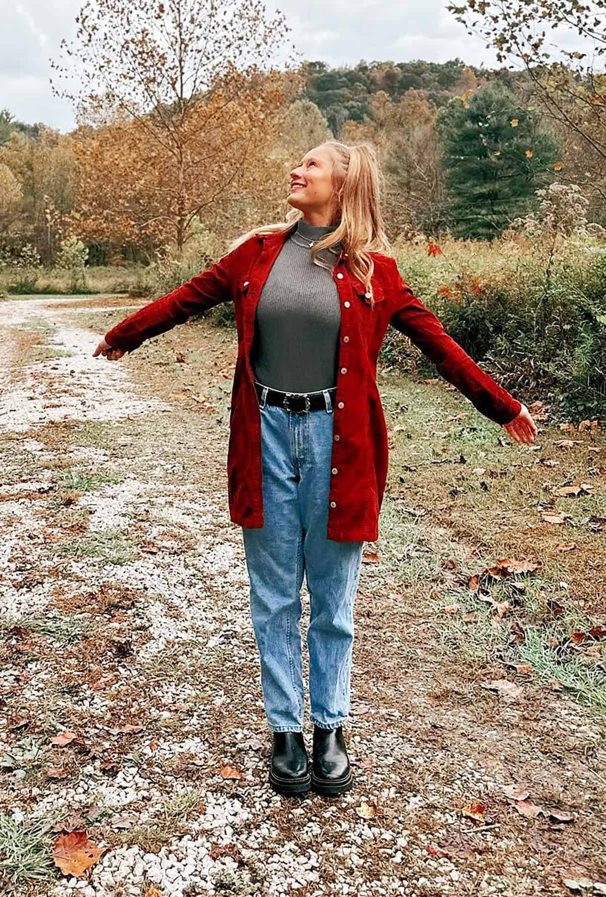 red corduroy jacket grey turtleneck jeans and sweaters for fall