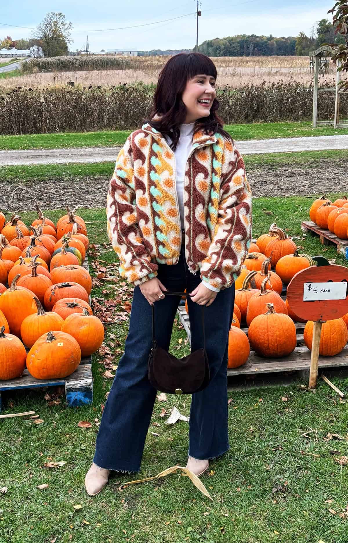 printed sherpa jacket dark denim jeans and sweaters for fall