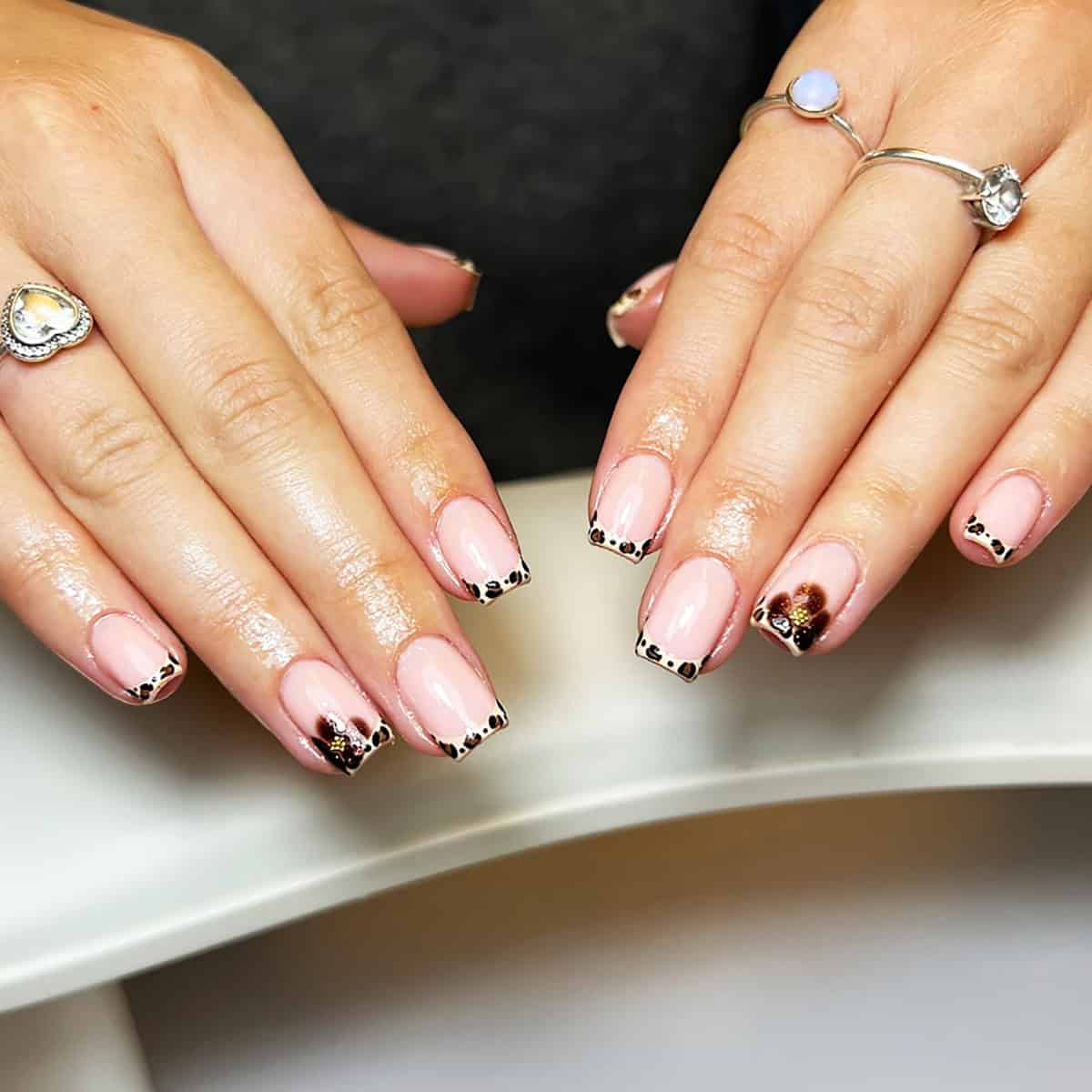 blush heart leopard French tips fall leopard print nails