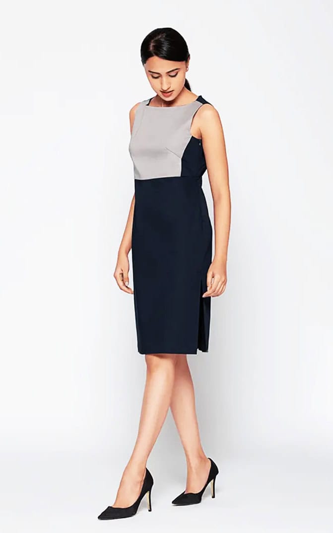 grey navy color block sheath dress office attire for corporate women