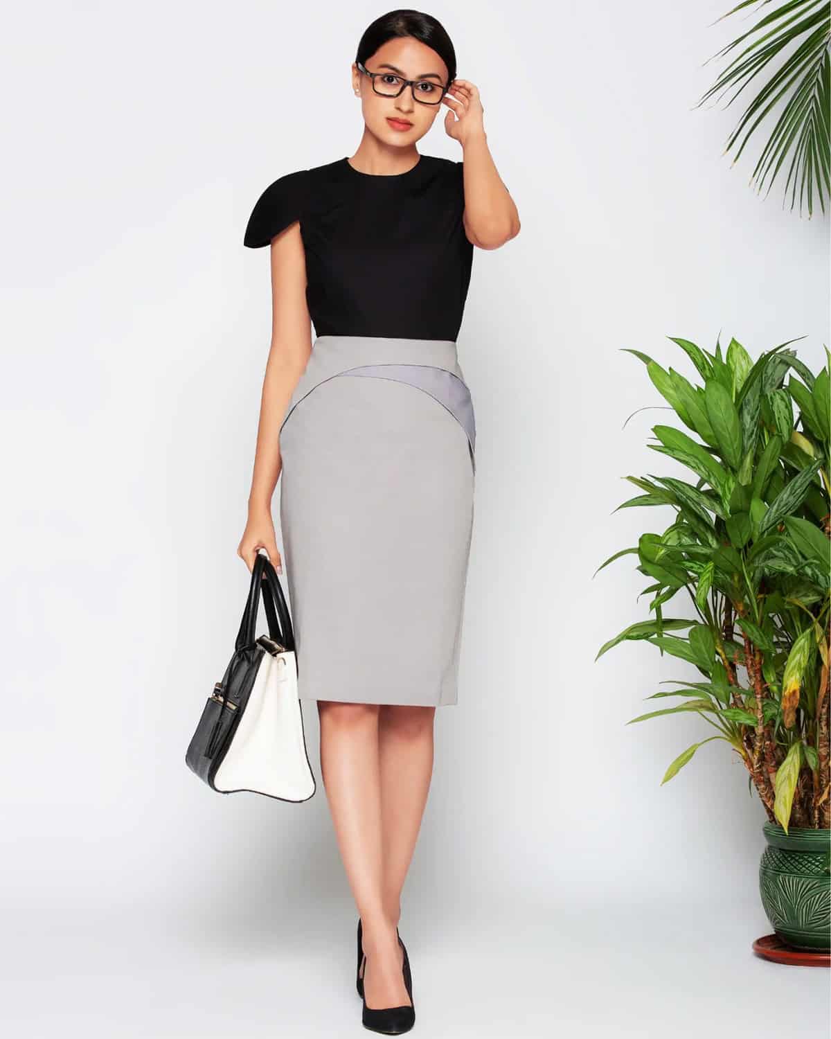 black top grey pencil skirt office attire for corporate women