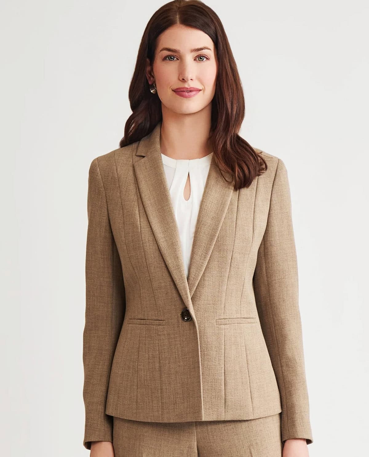  taupe fitted structured blazer office attire for corporate women