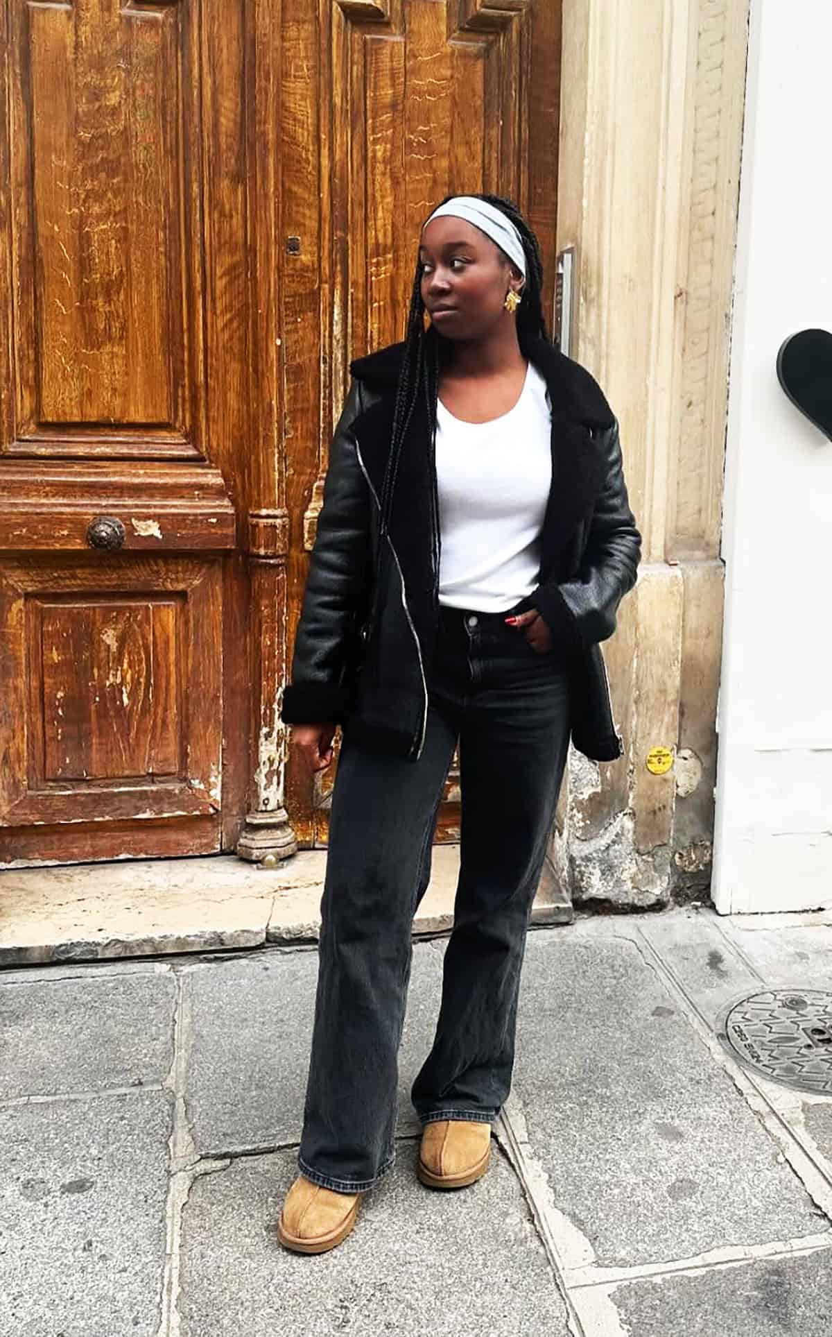 black shearling jacket grey denim jeans and sweaters for fall
