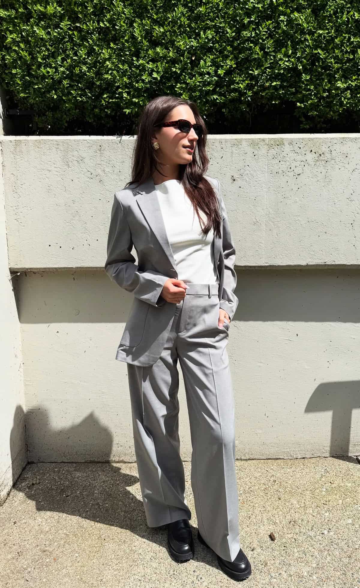 light grey linen-blend suit with wide-leg trousers office attire for summer