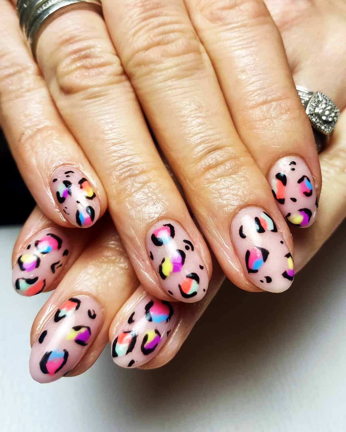 neon multicolor bold spots short leopard print nails