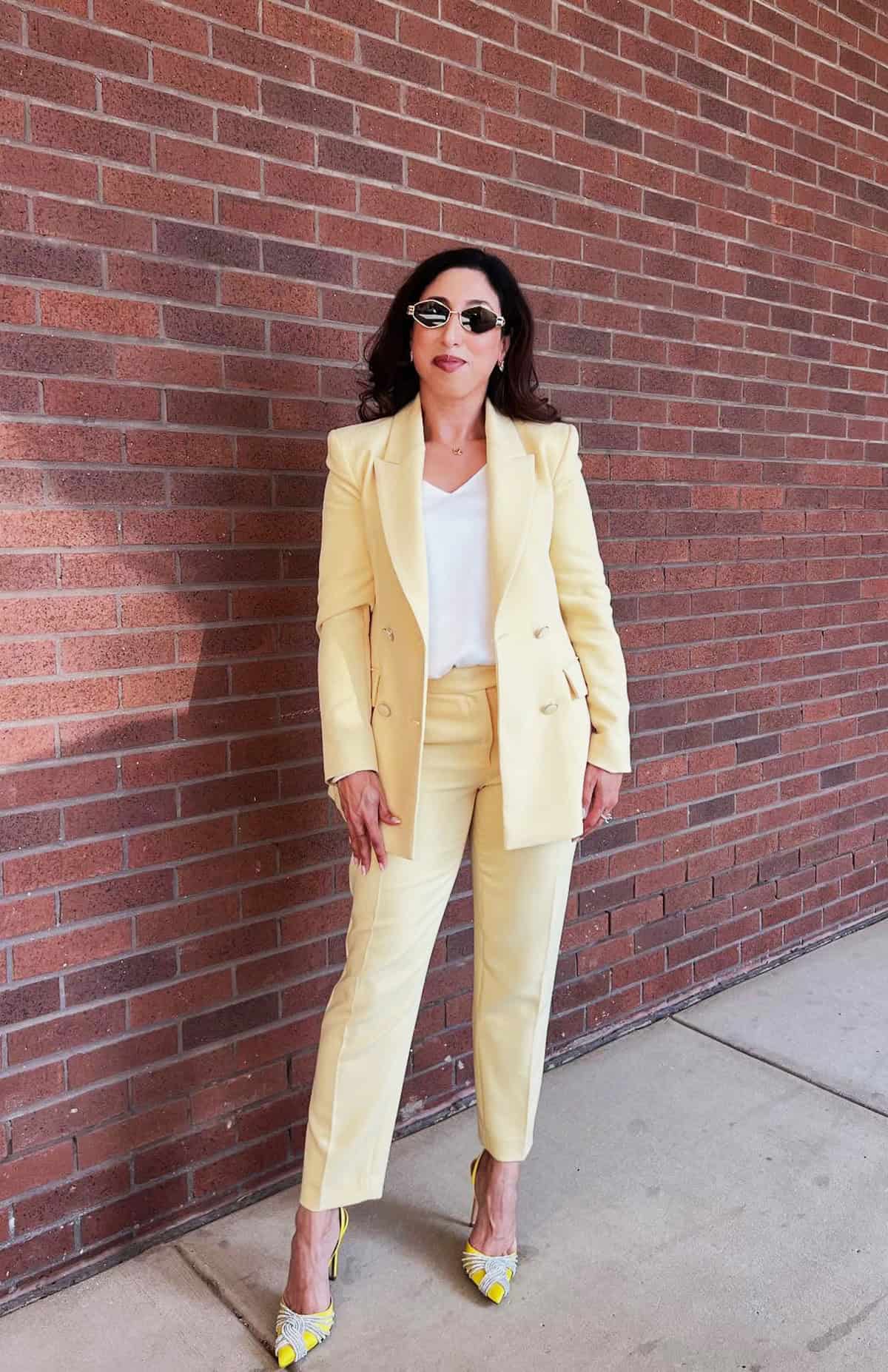 yellow double-breasted suit office attire for summer