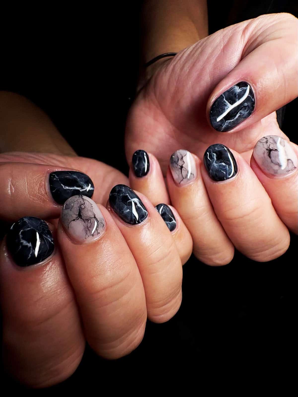 black white marble men's nails