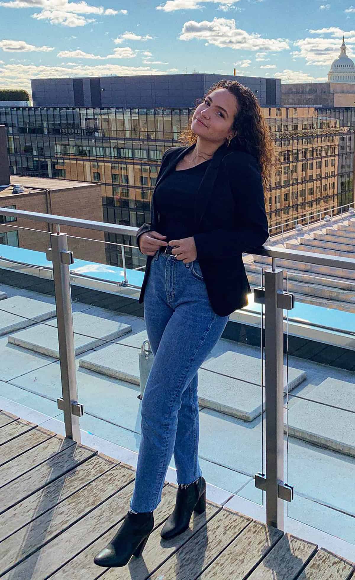 black blazer ankle boots light jeans for casual friday