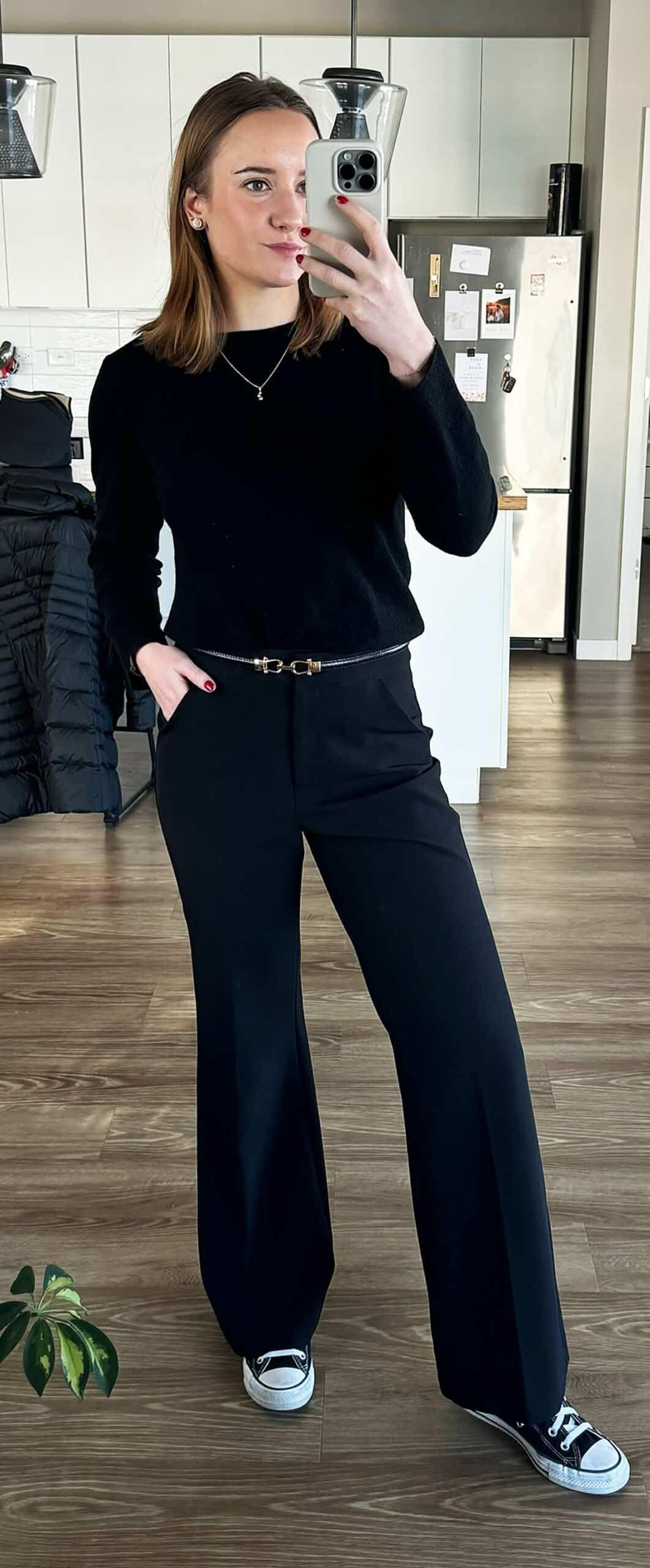 black sweater wide leg trouser outfit office attire for women