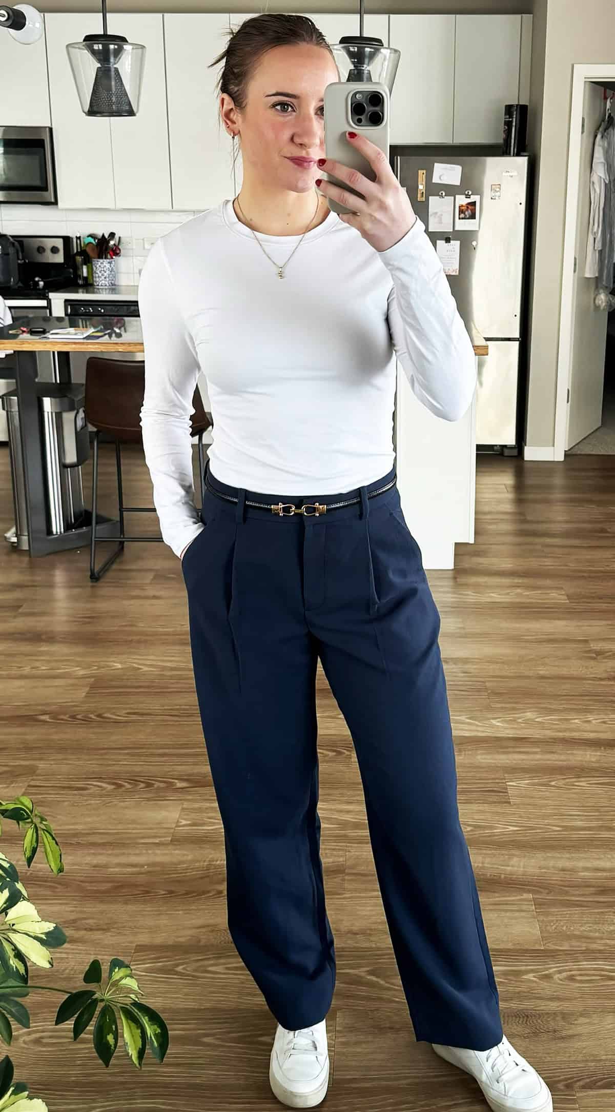 white top navy wide leg trouser office attire for women