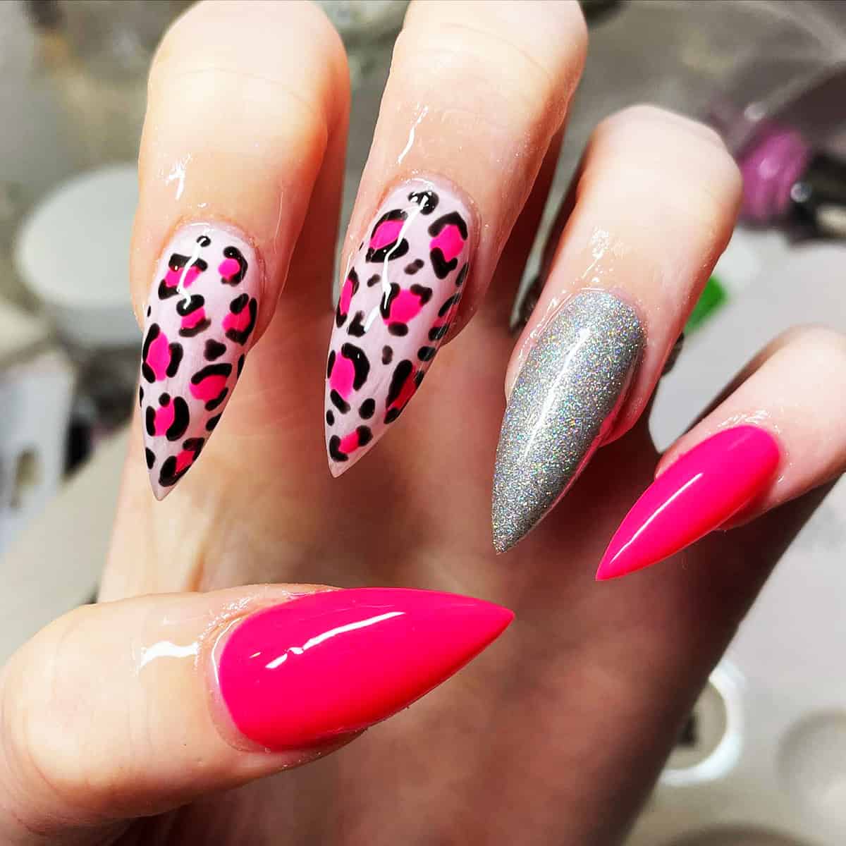 glitter stiletto leopard pink leopard print nails