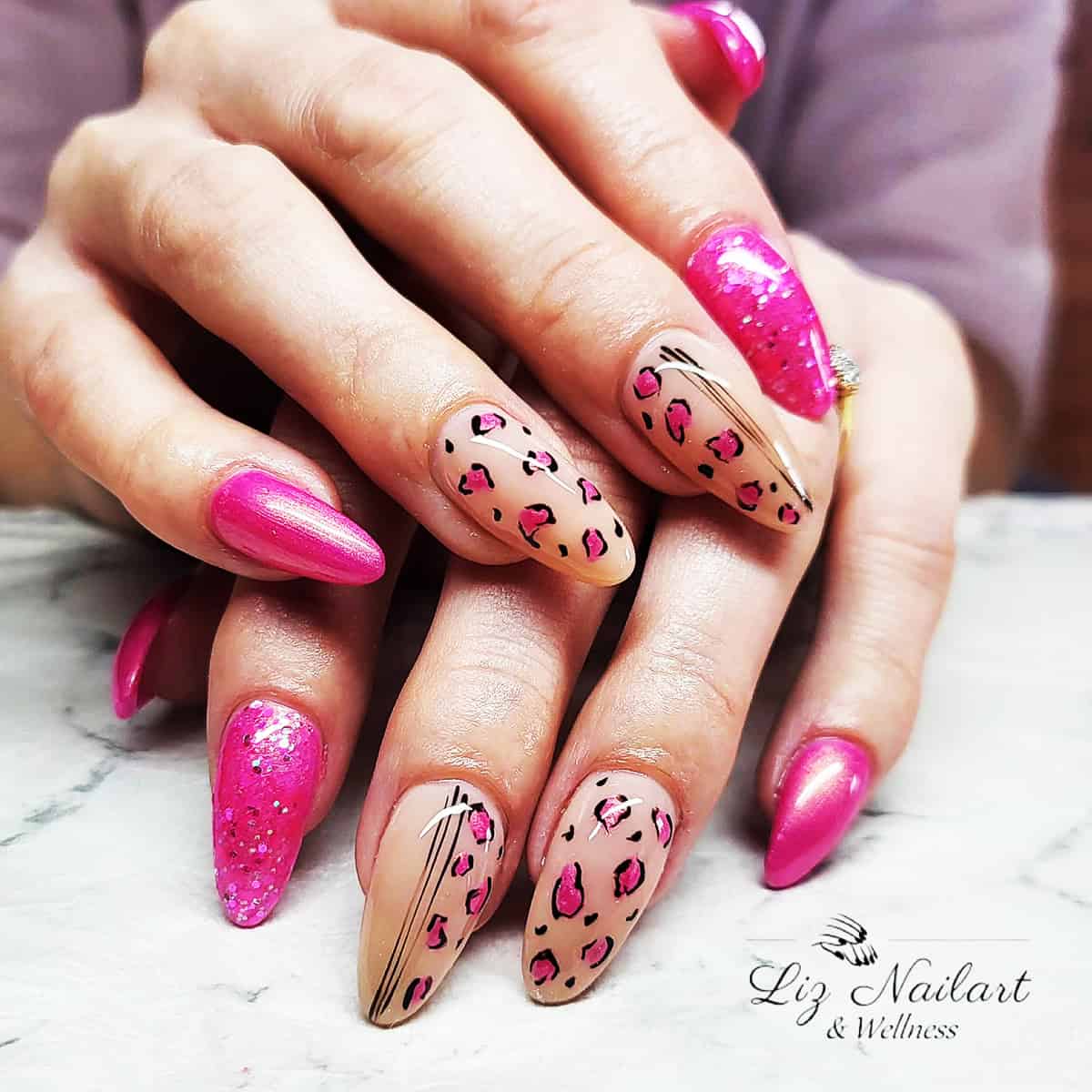glitter chrome leopard pink leopard print nails