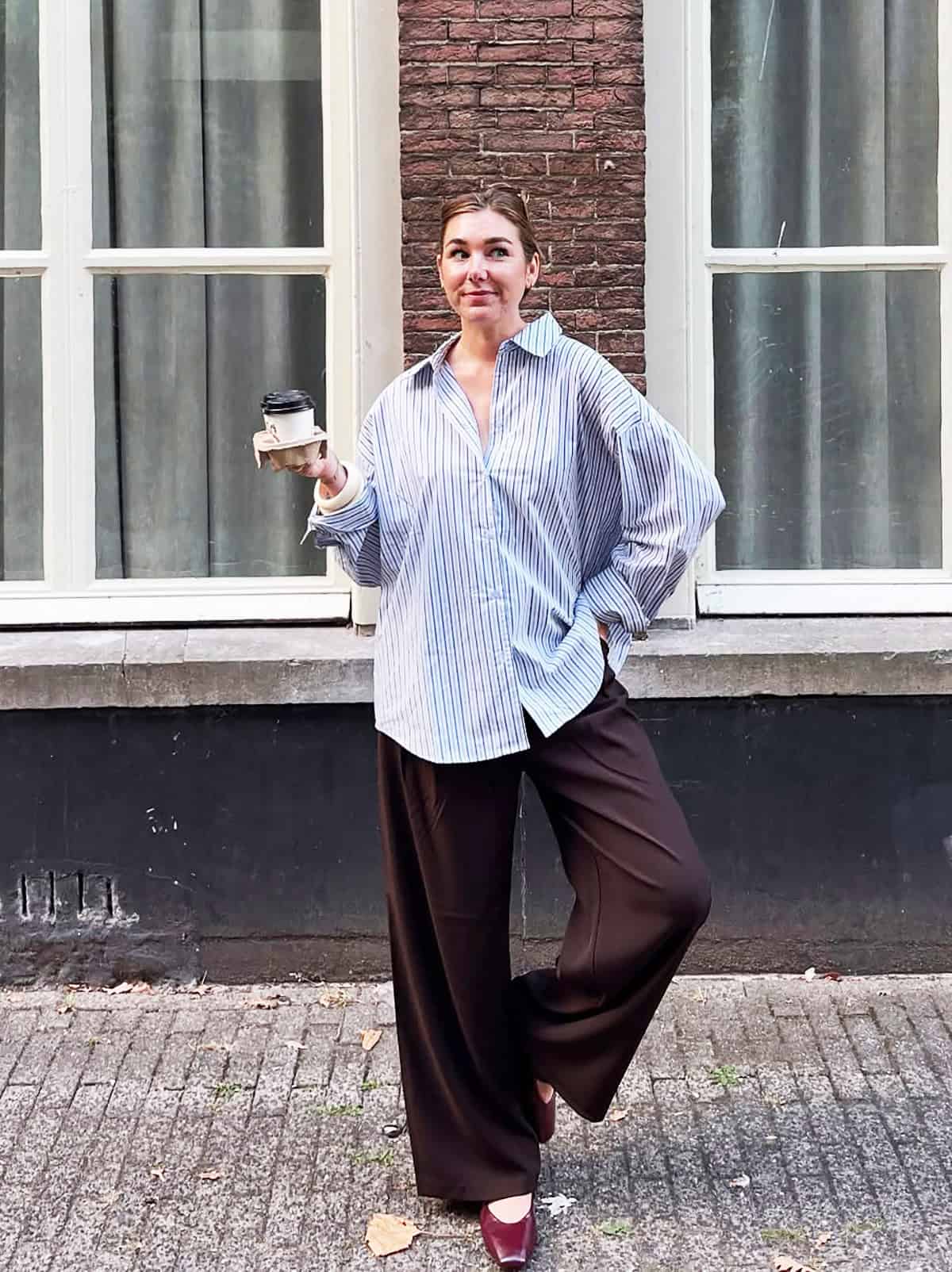 striped shirt brown wide leg trouser office attire for women