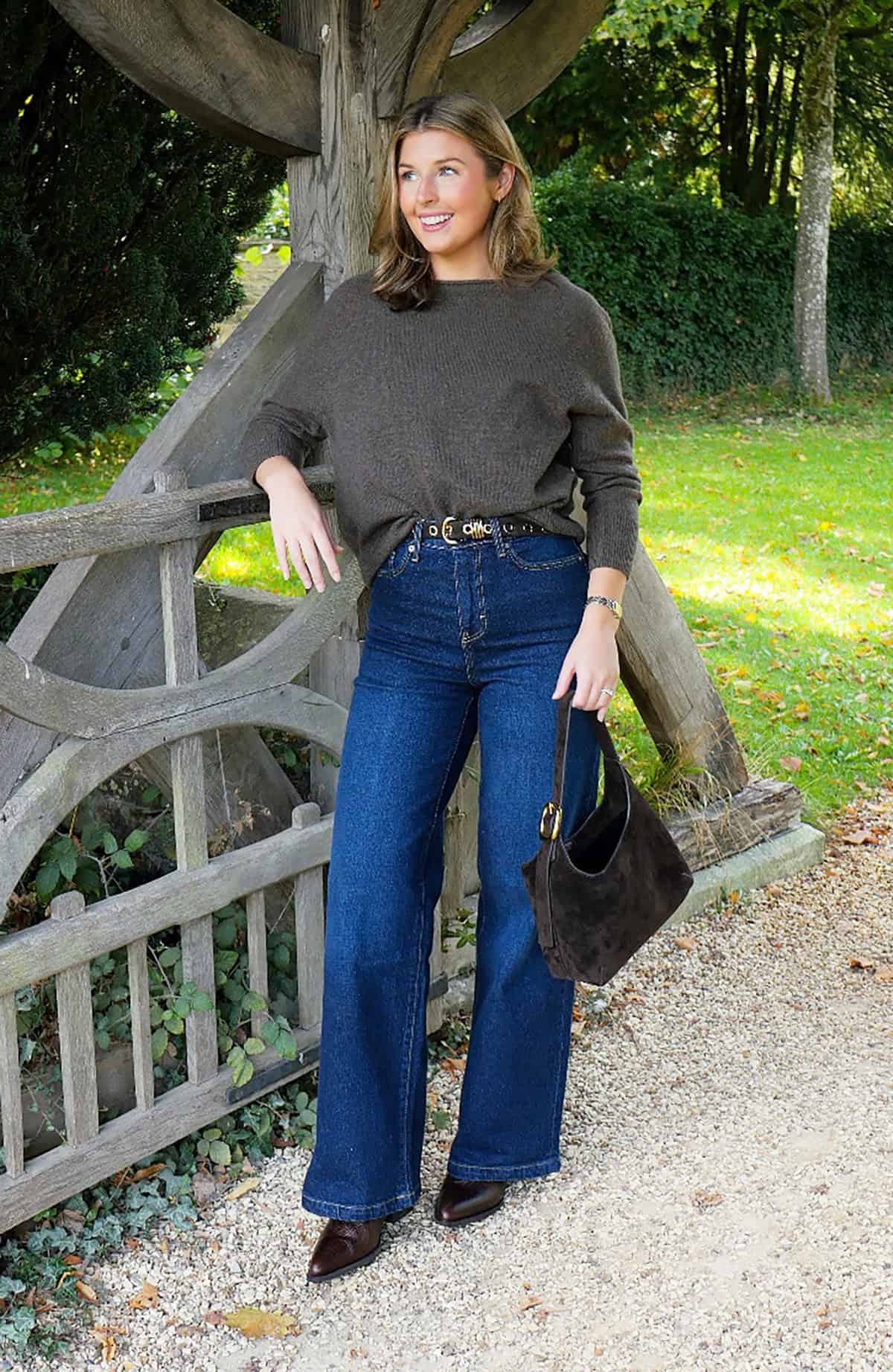 olive knit dark wide-leg jeans for casual friday