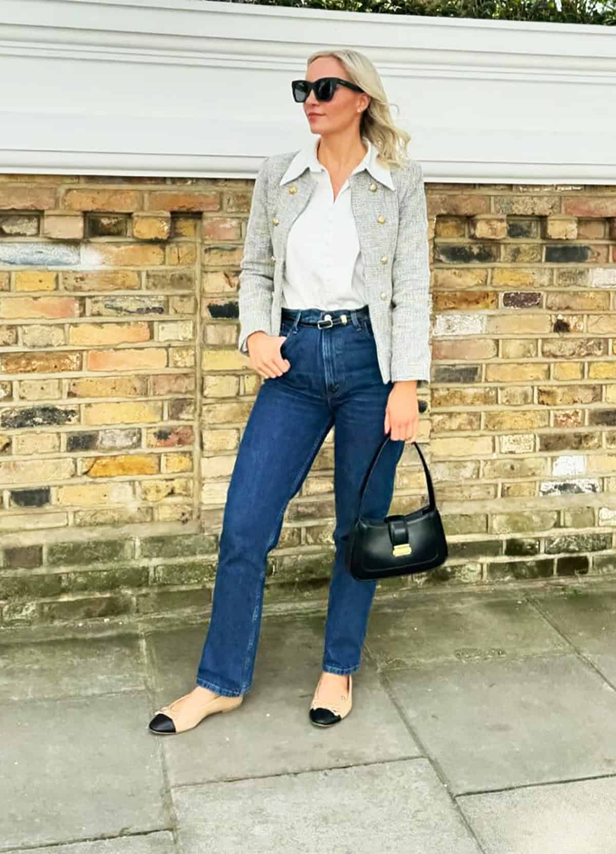 grey tweed jacket dark straight jeans for casual friday
