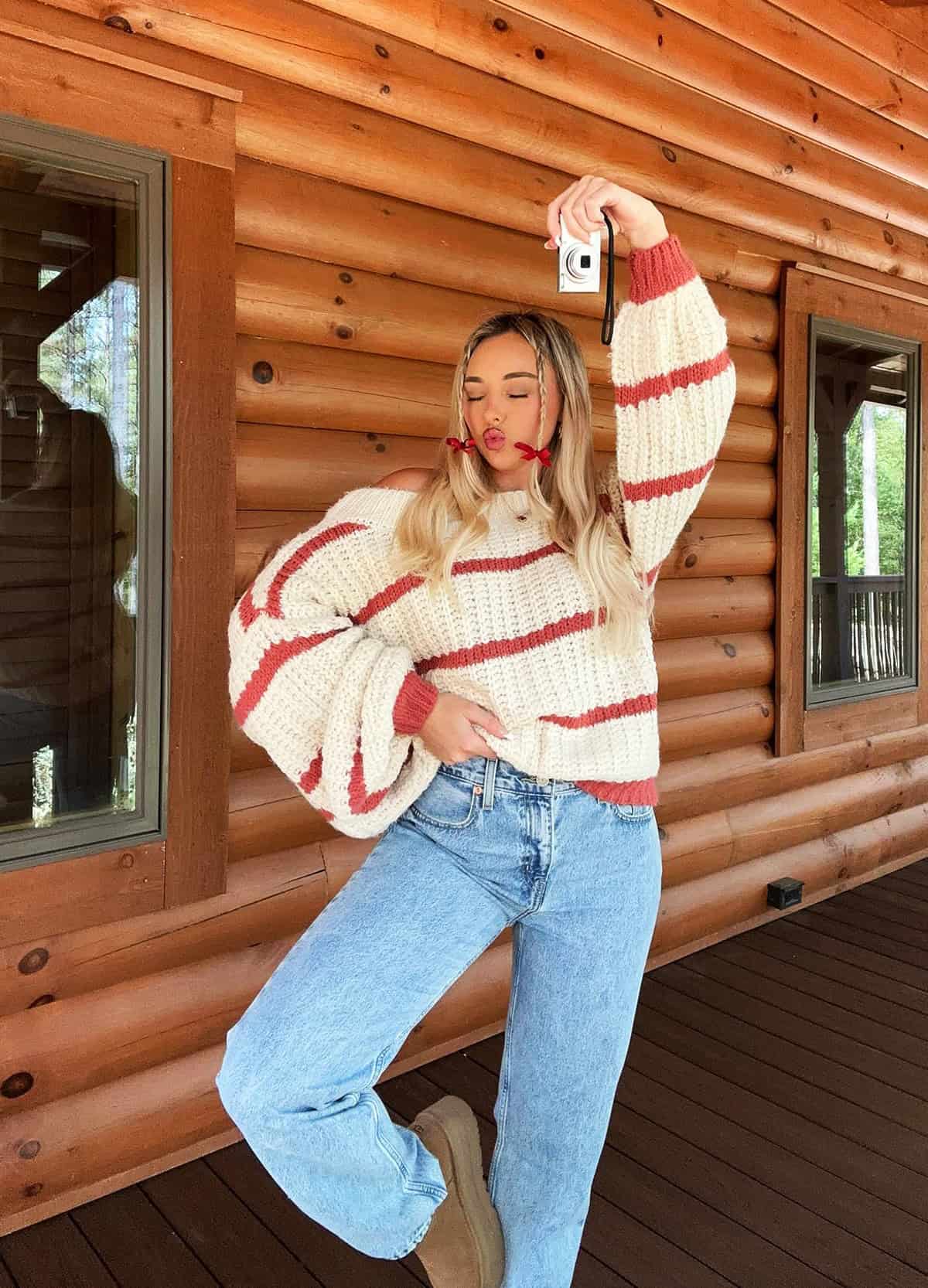 cream rust striped oversized knit jeans and sweaters for fall