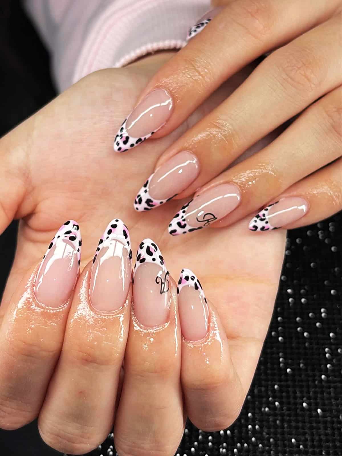 nude almond pink cheetah French cheetah print nails
