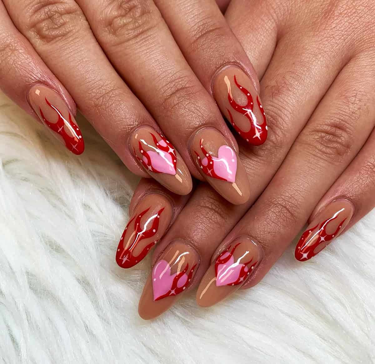 red flame heart accent nails