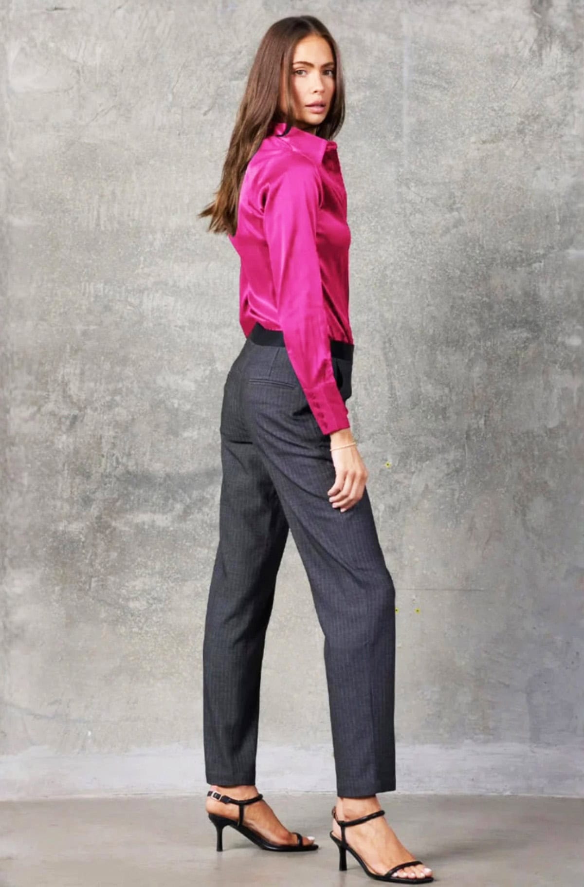 fuchsia satin shirt grey trouser office attire for women