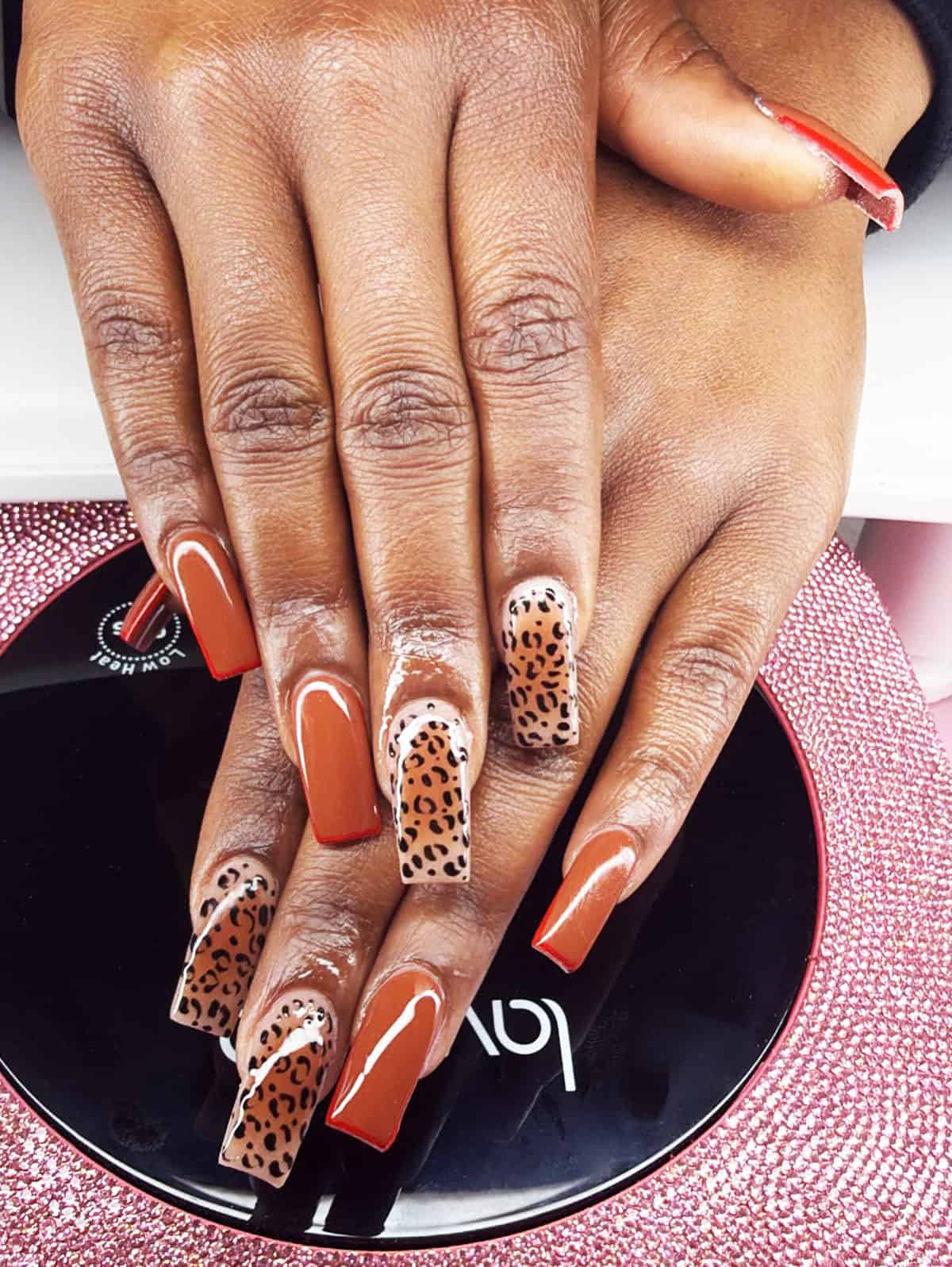 terracotta square cheetah accent nails cheetah print nails