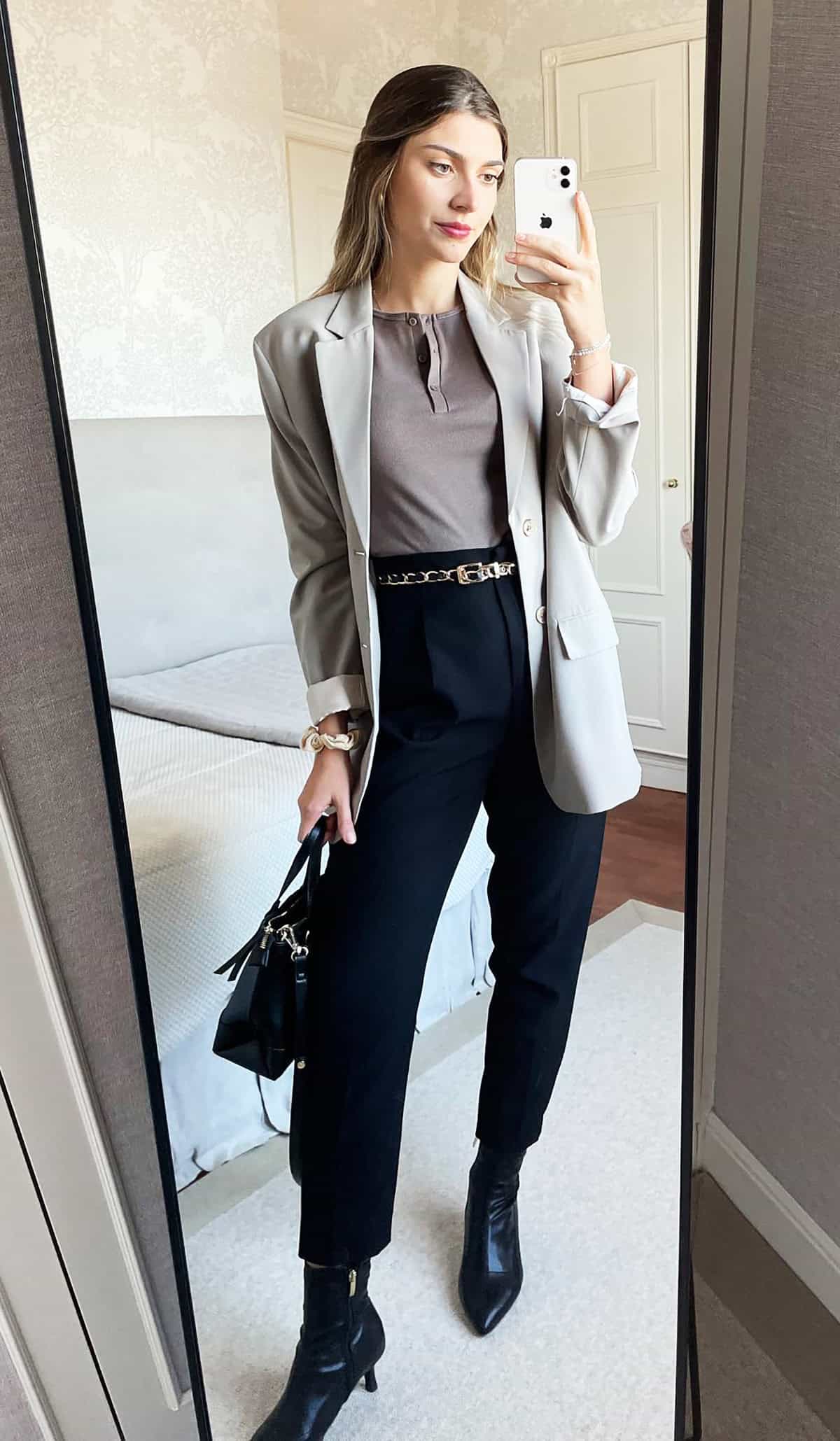 grey blazer black trouser outfit office attire for women