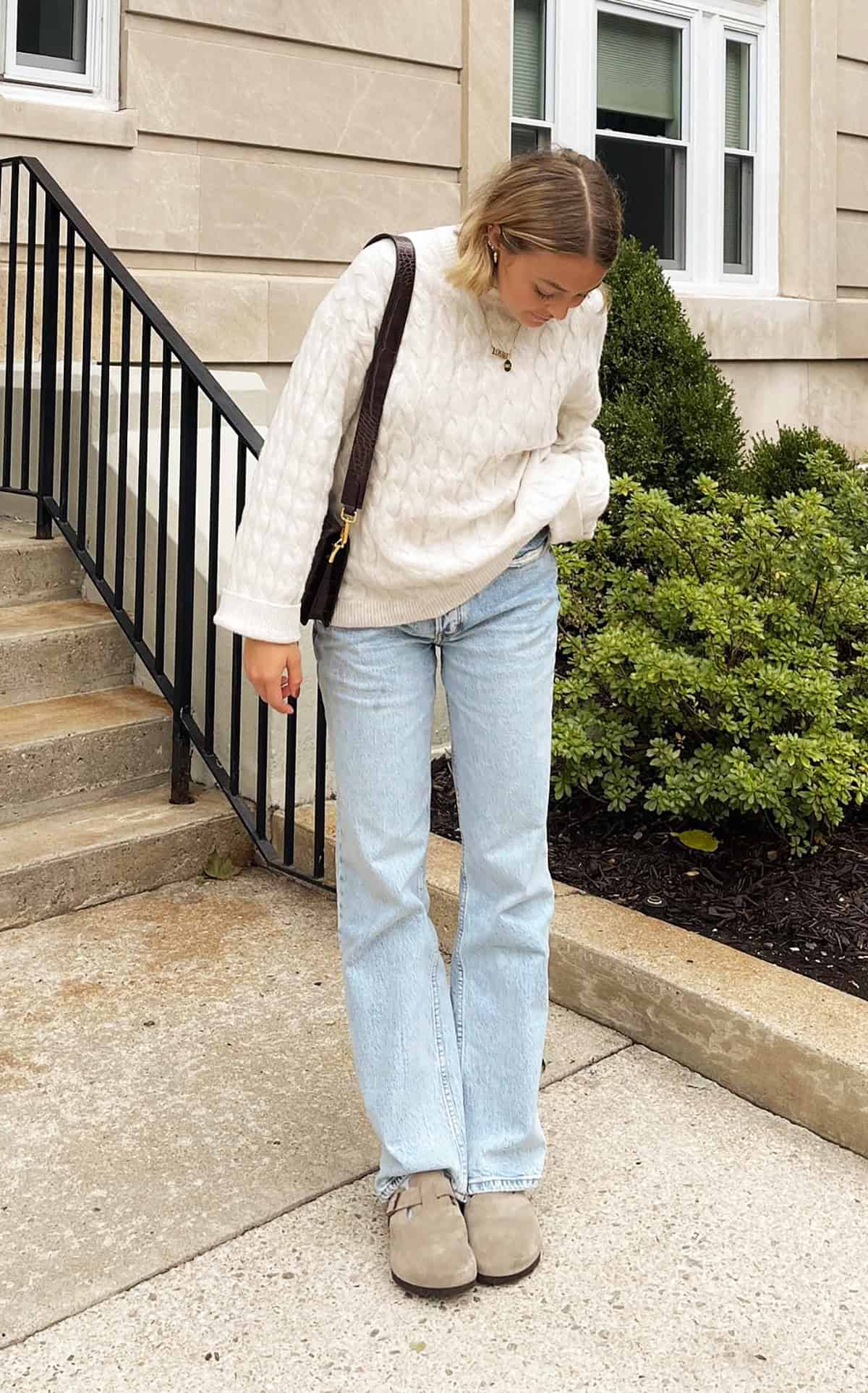 cream cable knit light denim jeans and sweaters for fall