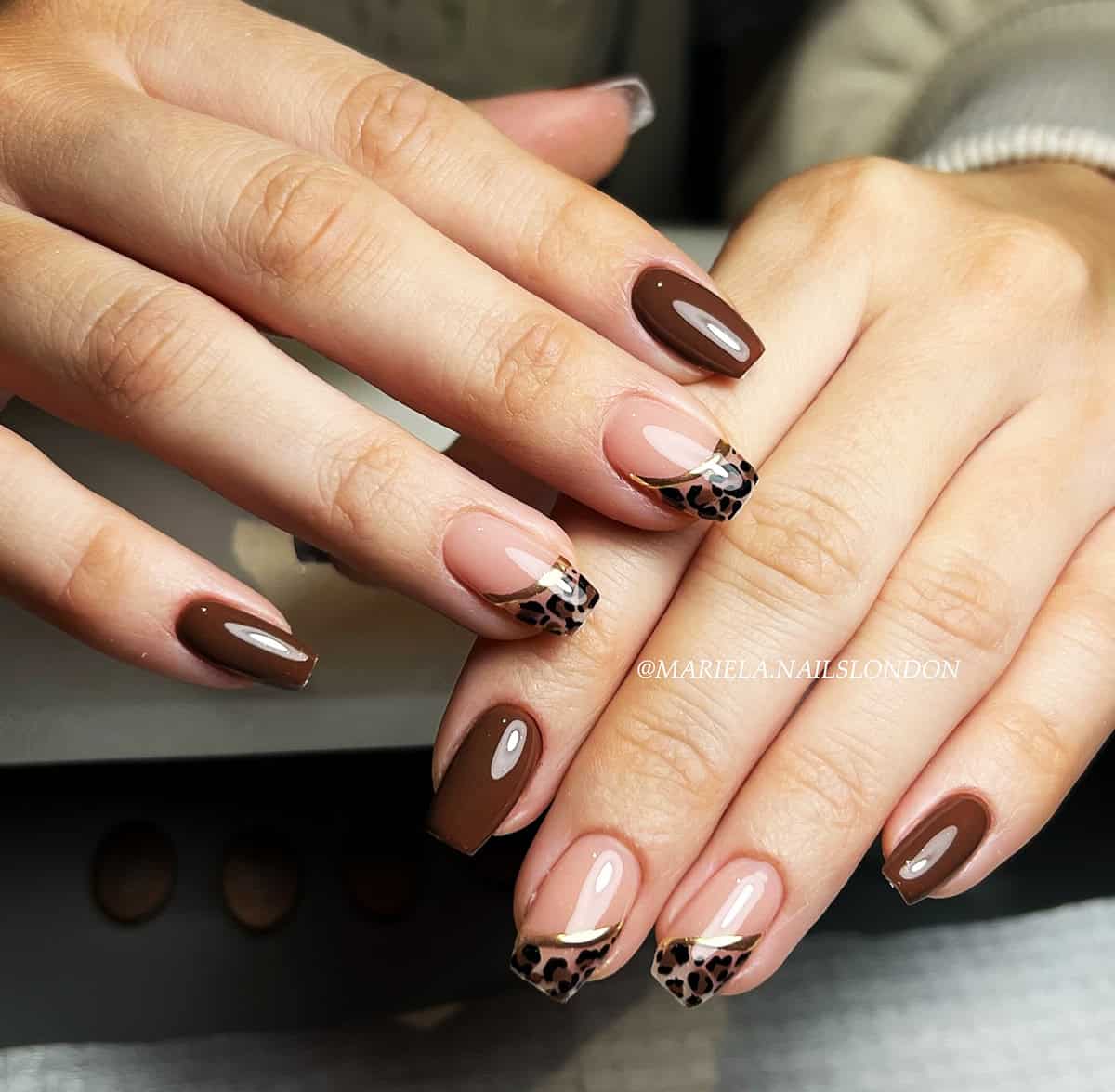 chocolate nude leopard tip nails fall leopard print nails