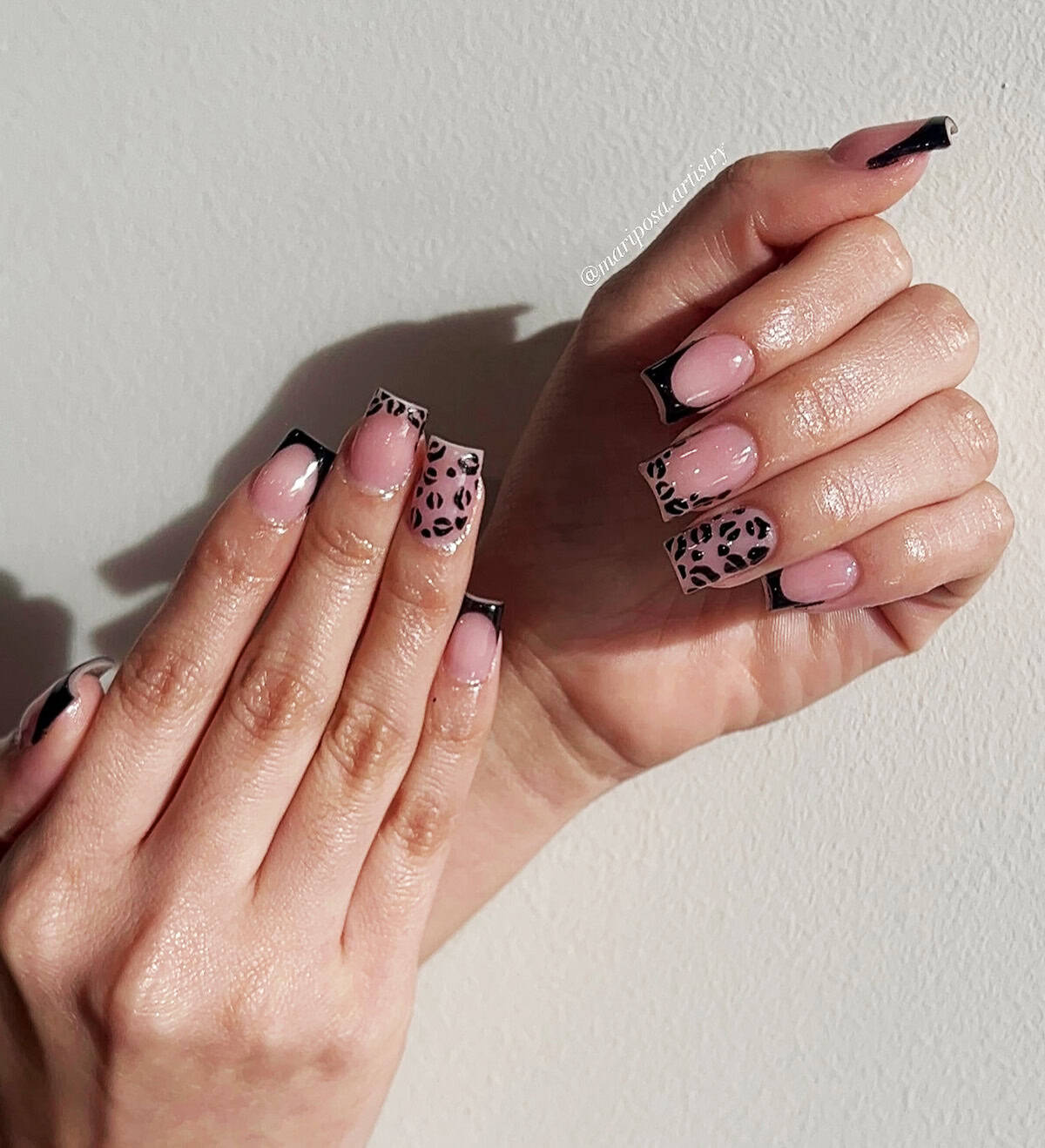 pink square French accent black leopard print nails