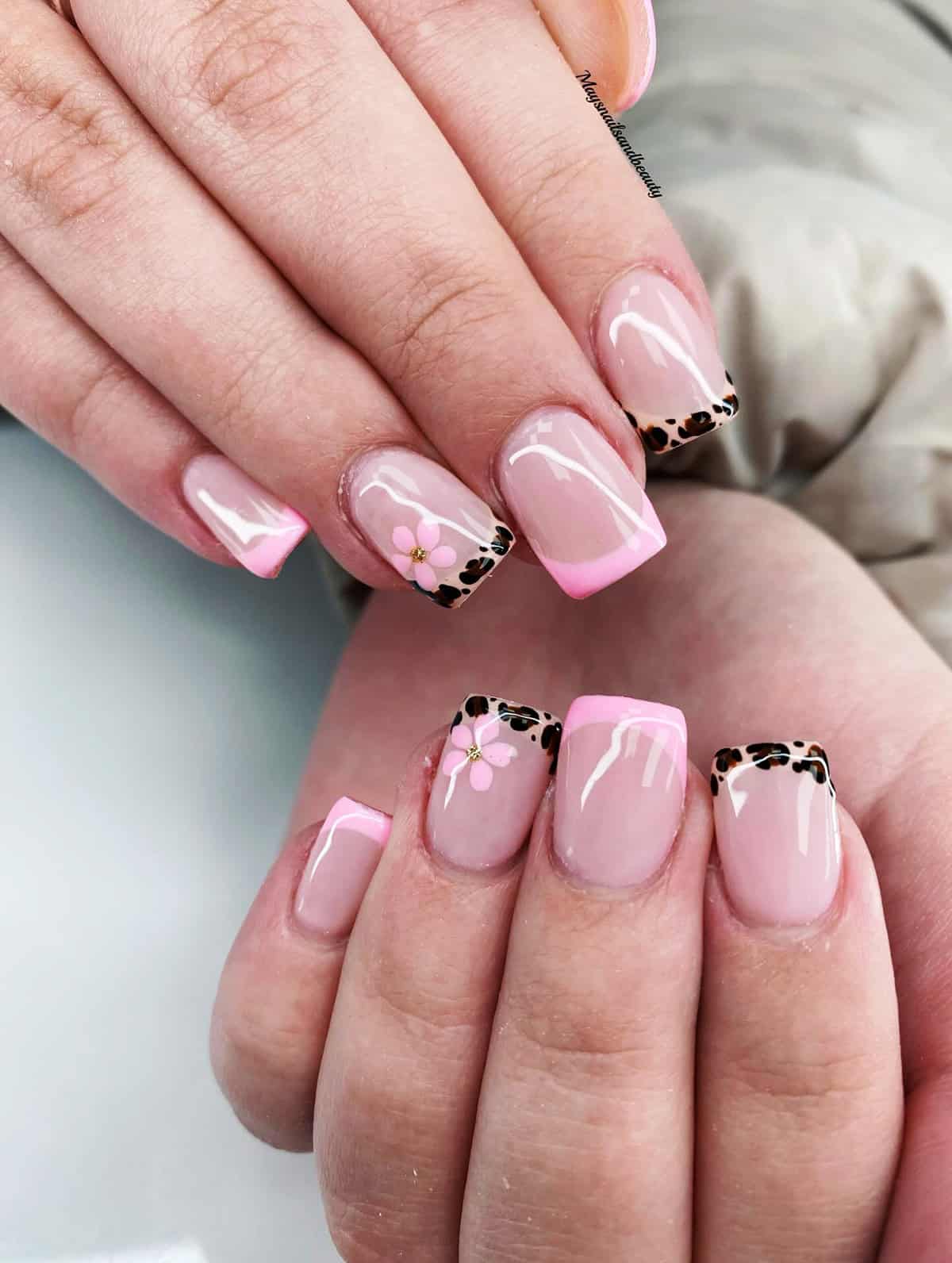 pink tip floral accent short leopard print nails
