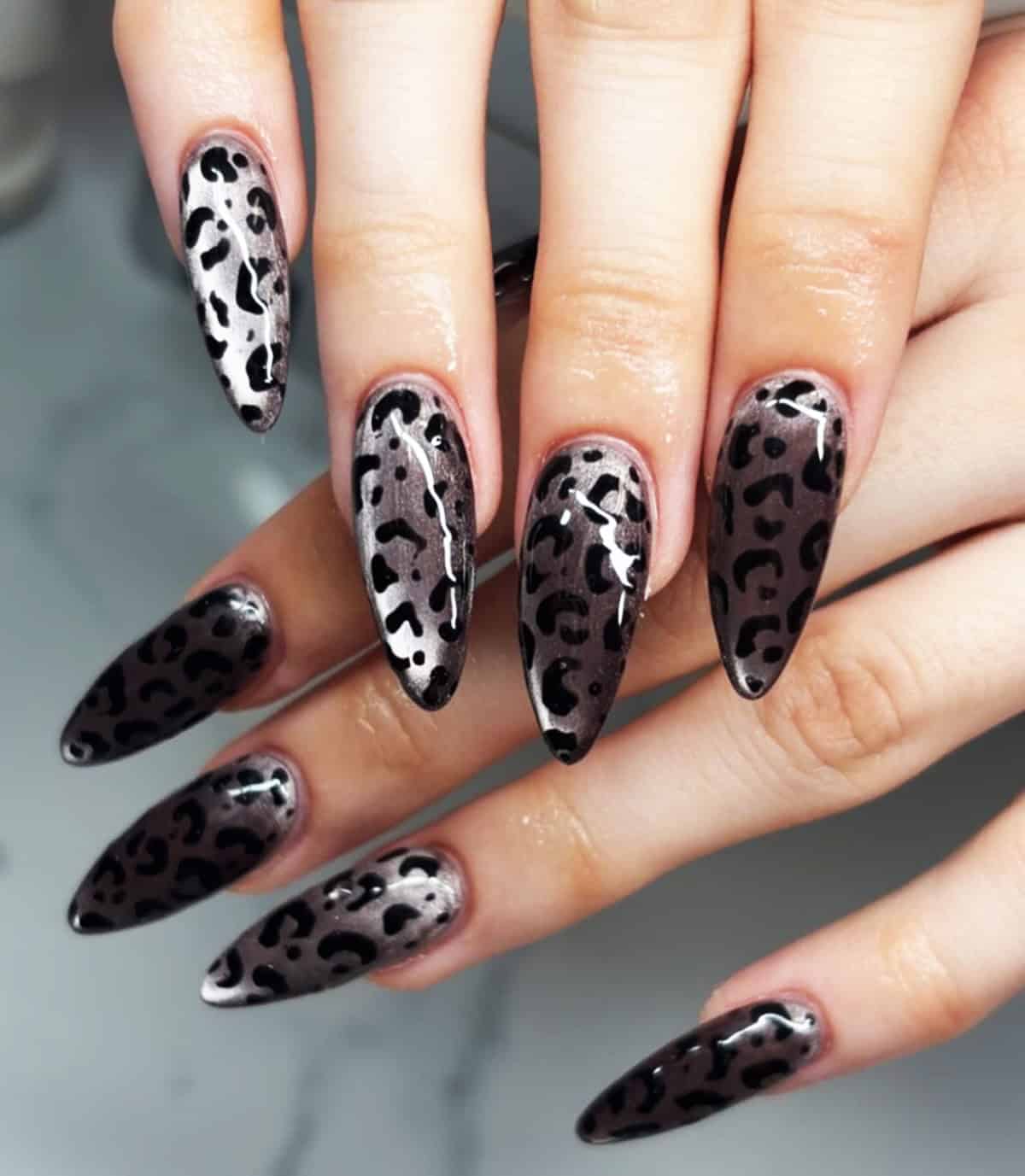 silver charcoal stiletto cheetah print cheetah print nails